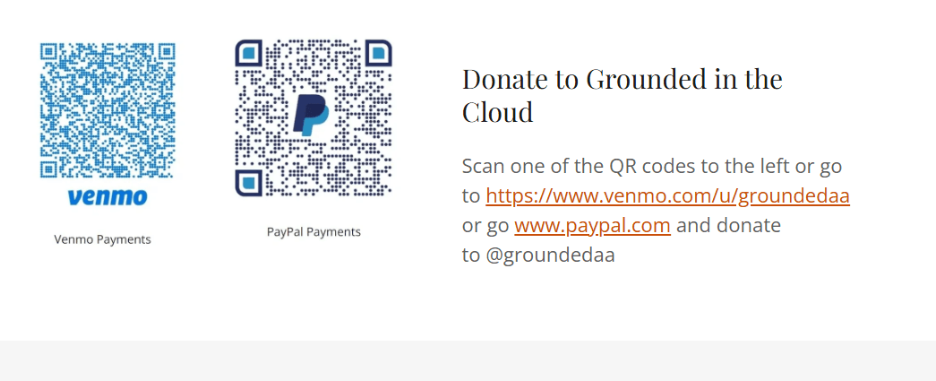 Venmo and PayPal QR codes for Grounded in the Cloud donations